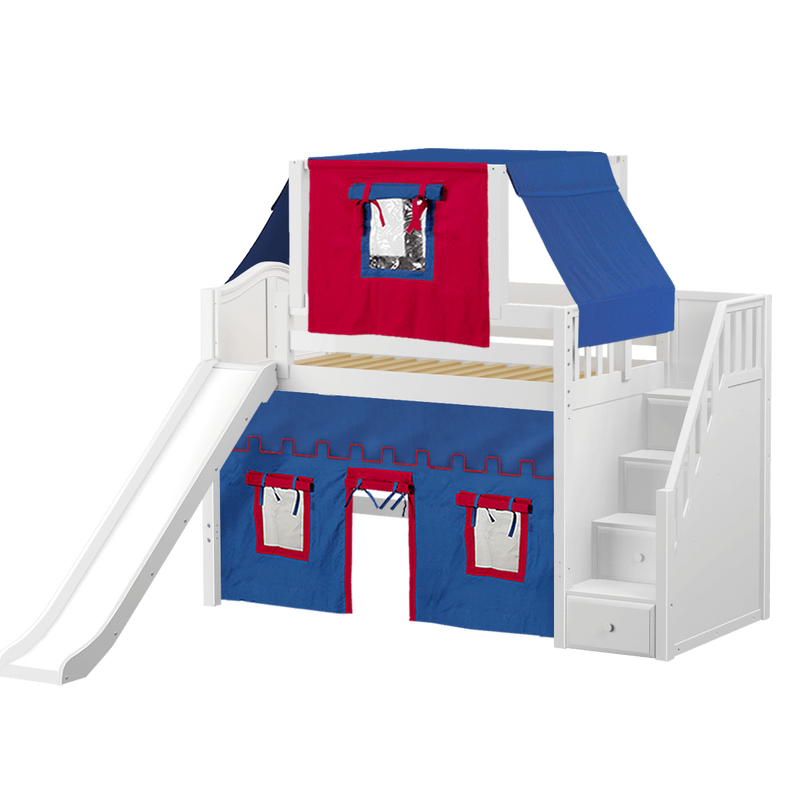 Maxtrix Twin Mid Loft Bed with Stairs, Curtain, Top Tent + Slide