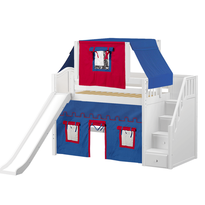 Maxtrix Twin Mid Loft Bed with Stairs, Curtain, Top Tent + Slide