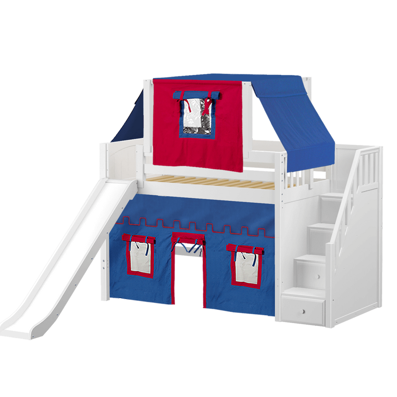 Maxtrix Twin Mid Loft Bed with Stairs, Curtain, Top Tent + Slide
