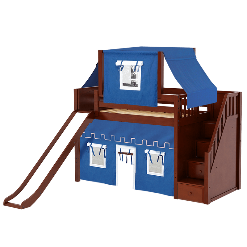 Maxtrix Twin Mid Loft Bed with Stairs, Curtain, Top Tent + Slide