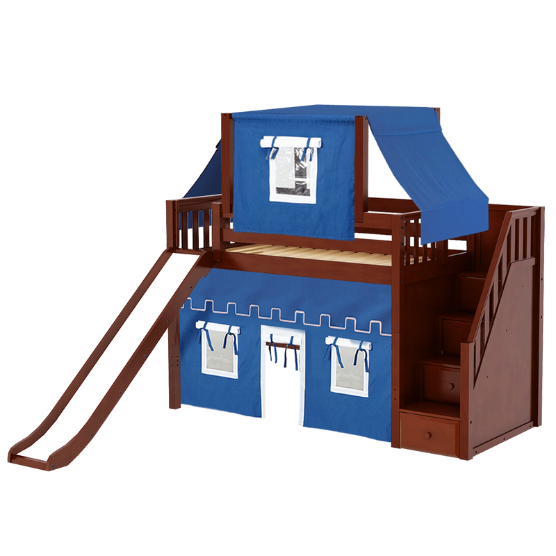 Maxtrix Twin Mid Loft Bed with Stairs, Curtain, Top Tent + Slide