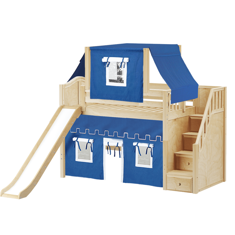 Maxtrix Twin Mid Loft Bed with Stairs, Curtain, Top Tent + Slide
