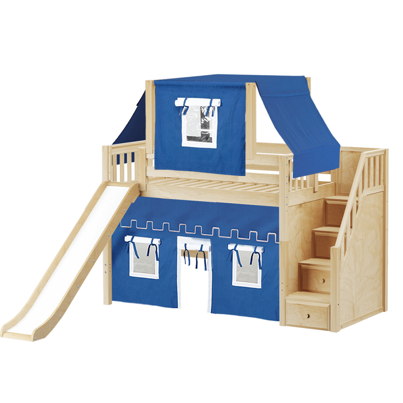 Maxtrix Twin Mid Loft Bed with Stairs, Curtain, Top Tent + Slide