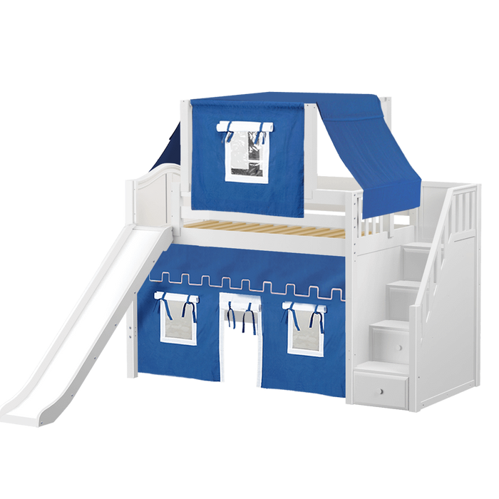 Maxtrix Twin Mid Loft Bed with Stairs, Curtain, Top Tent + Slide