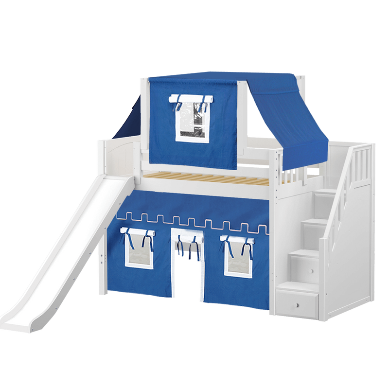Maxtrix Twin Mid Loft Bed with Stairs, Curtain, Top Tent + Slide