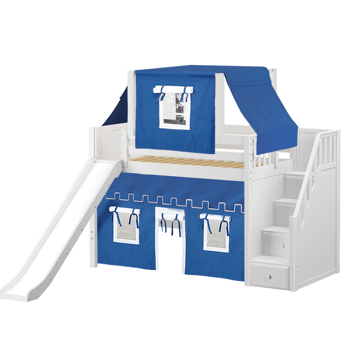 Maxtrix Twin Mid Loft Bed with Stairs, Curtain, Top Tent + Slide