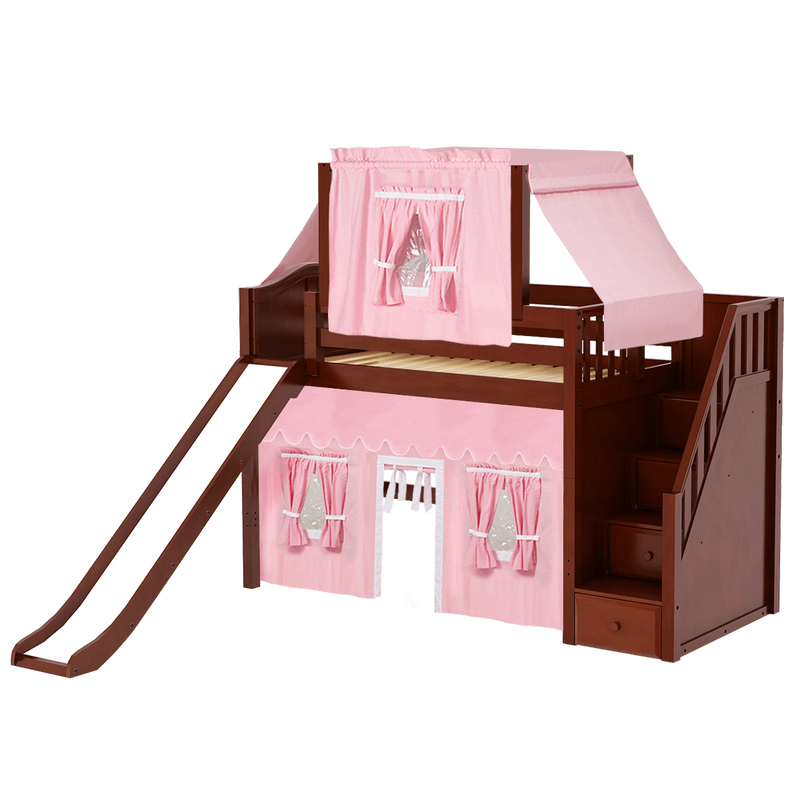 Maxtrix Twin Mid Loft Bed with Stairs, Curtain, Top Tent + Slide