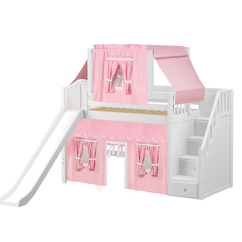 Maxtrix Twin Mid Loft Bed with Stairs, Curtain, Top Tent + Slide