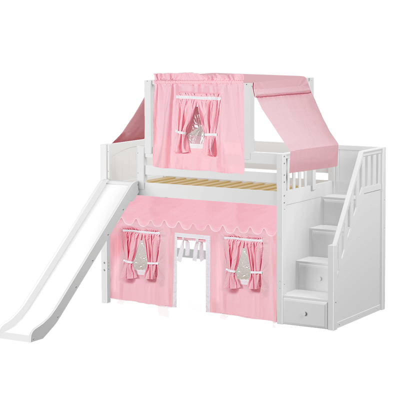 Maxtrix Twin Mid Loft Bed with Stairs, Curtain, Top Tent + Slide