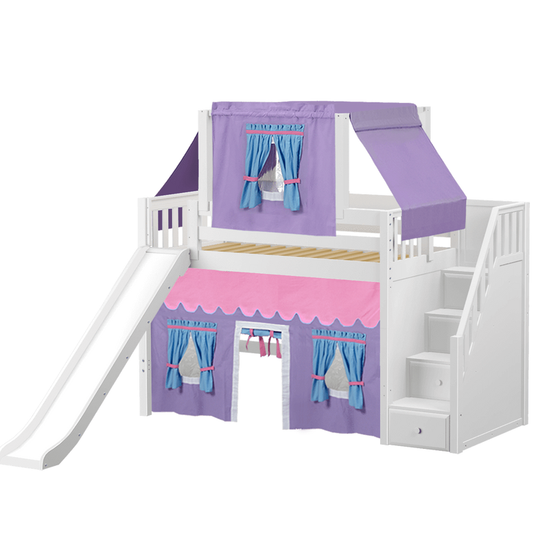 Maxtrix Twin Mid Loft Bed with Stairs, Curtain, Top Tent + Slide
