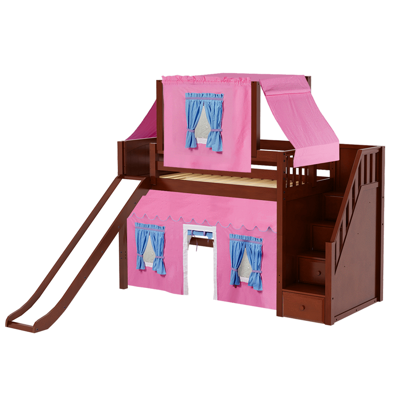 Maxtrix Twin Mid Loft Bed with Stairs, Curtain, Top Tent + Slide