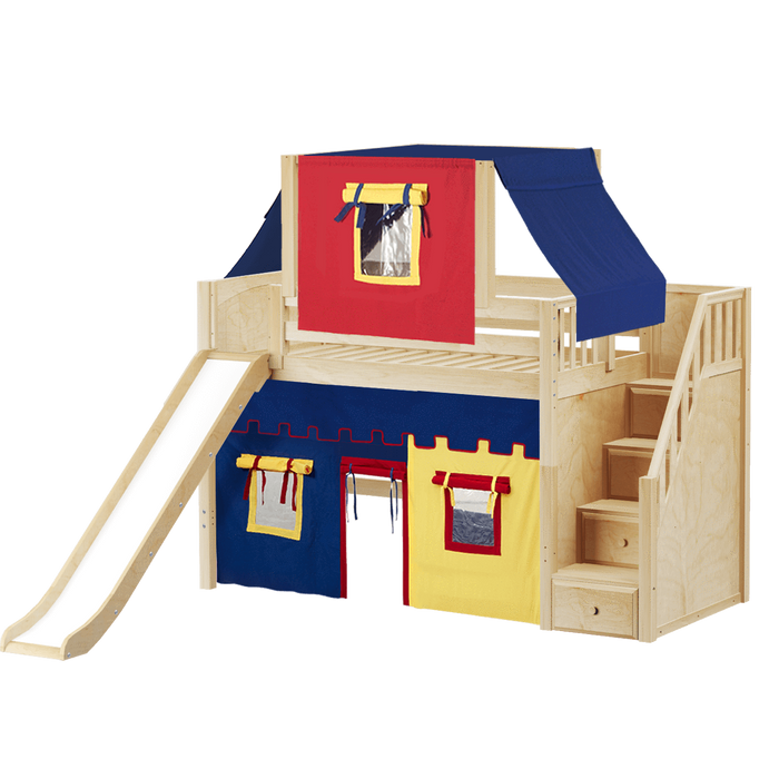 Maxtrix Twin Mid Loft Bed with Stairs, Curtain, Top Tent + Slide