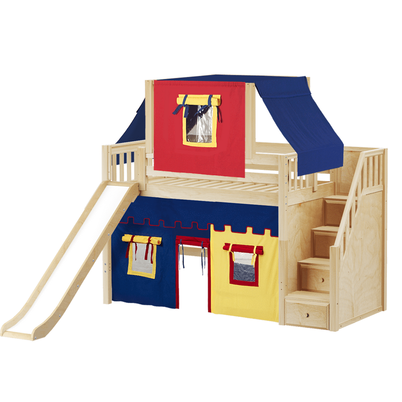 Maxtrix Twin Mid Loft Bed with Stairs, Curtain, Top Tent + Slide