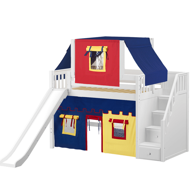 Maxtrix Twin Mid Loft Bed with Stairs, Curtain, Top Tent + Slide