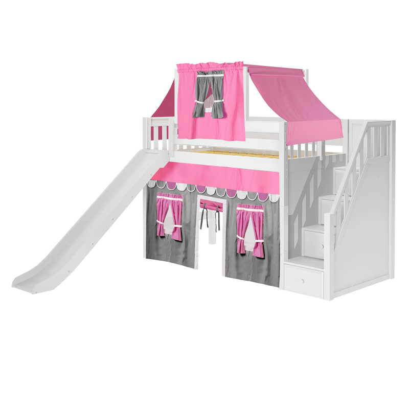 Maxtrix Twin Mid Loft Bed with Stairs, Curtain, Top Tent + Slide
