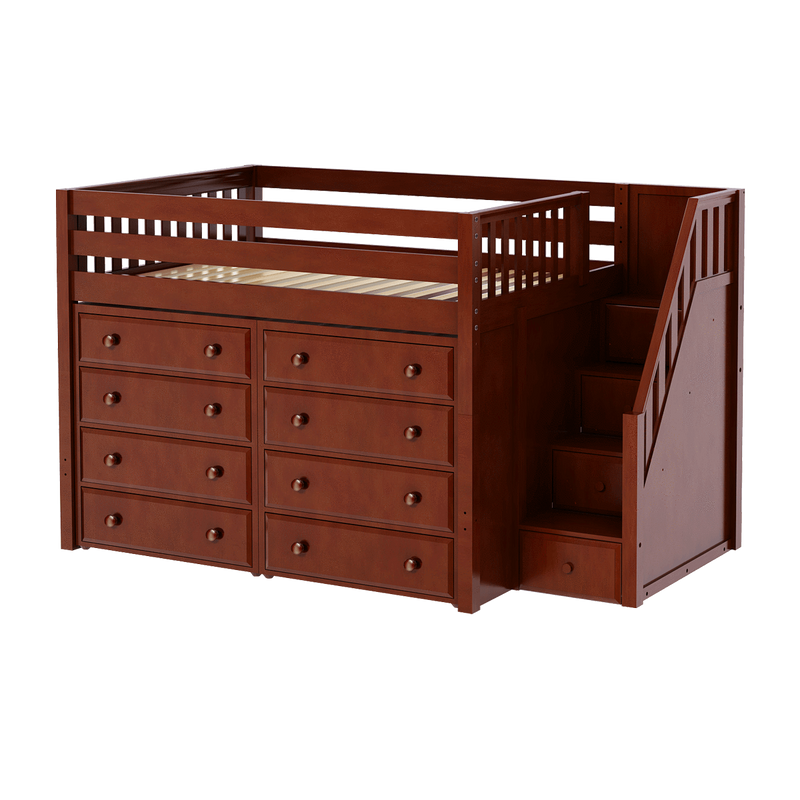 Maxtrix Full Mid Loft Bed with Stairs + Storage