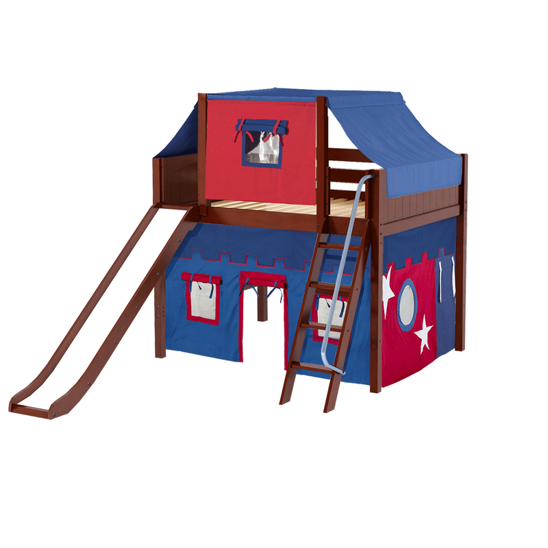 Maxtrix Full Mid Loft Bed with Angled Ladder, Curtain, Top Tent + Slide