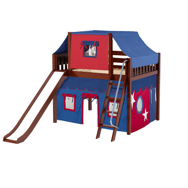 Maxtrix Full Mid Loft Bed with Angled Ladder, Curtain, Top Tent + Slide