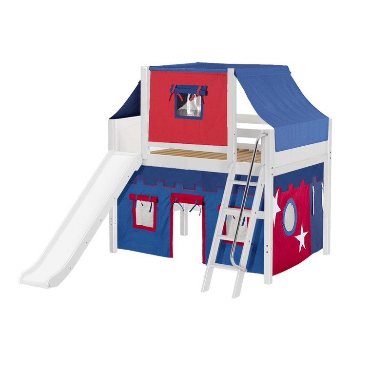 Maxtrix Full Mid Loft Bed with Angled Ladder, Curtain, Top Tent + Slide