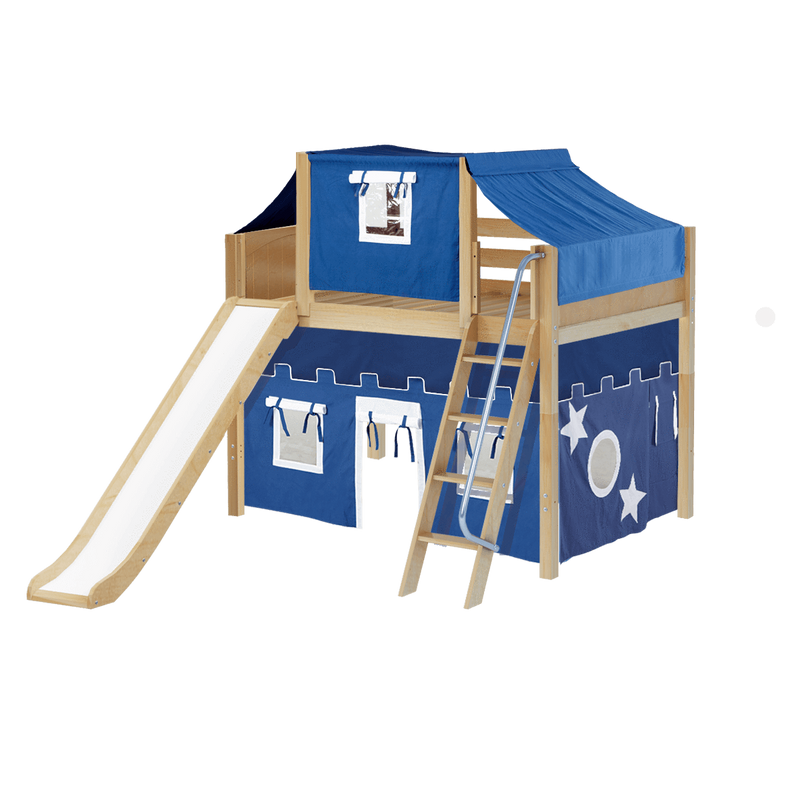 Maxtrix Full Mid Loft Bed with Angled Ladder, Curtain, Top Tent + Slide