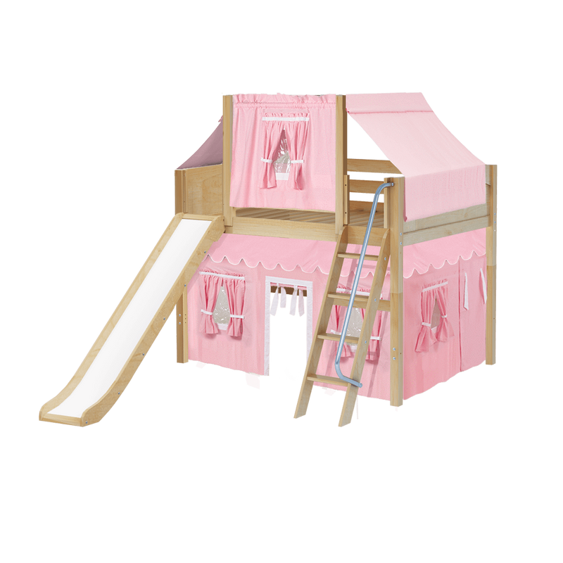 Maxtrix Full Mid Loft Bed with Angled Ladder, Curtain, Top Tent + Slide