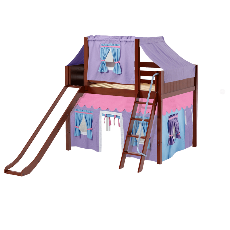 Maxtrix Full Mid Loft Bed with Angled Ladder, Curtain, Top Tent + Slide