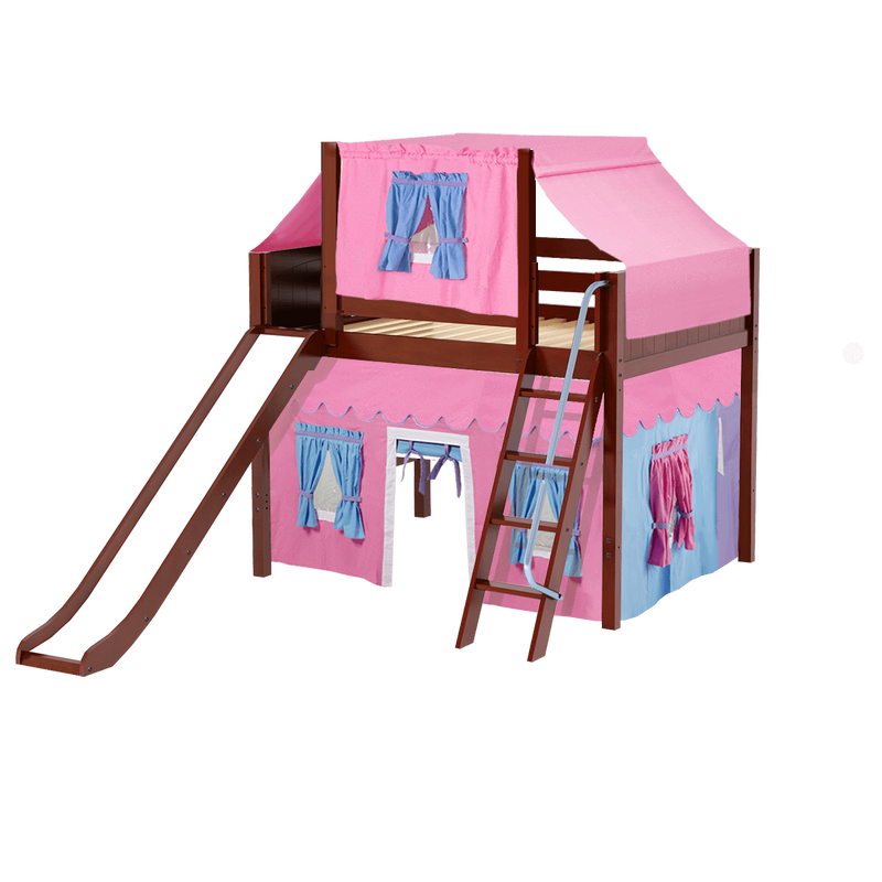 Maxtrix Full Mid Loft Bed with Angled Ladder, Curtain, Top Tent + Slide