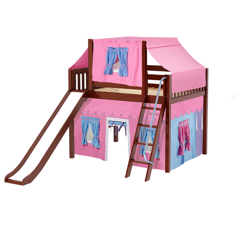 Maxtrix Full Mid Loft Bed with Angled Ladder, Curtain, Top Tent + Slide