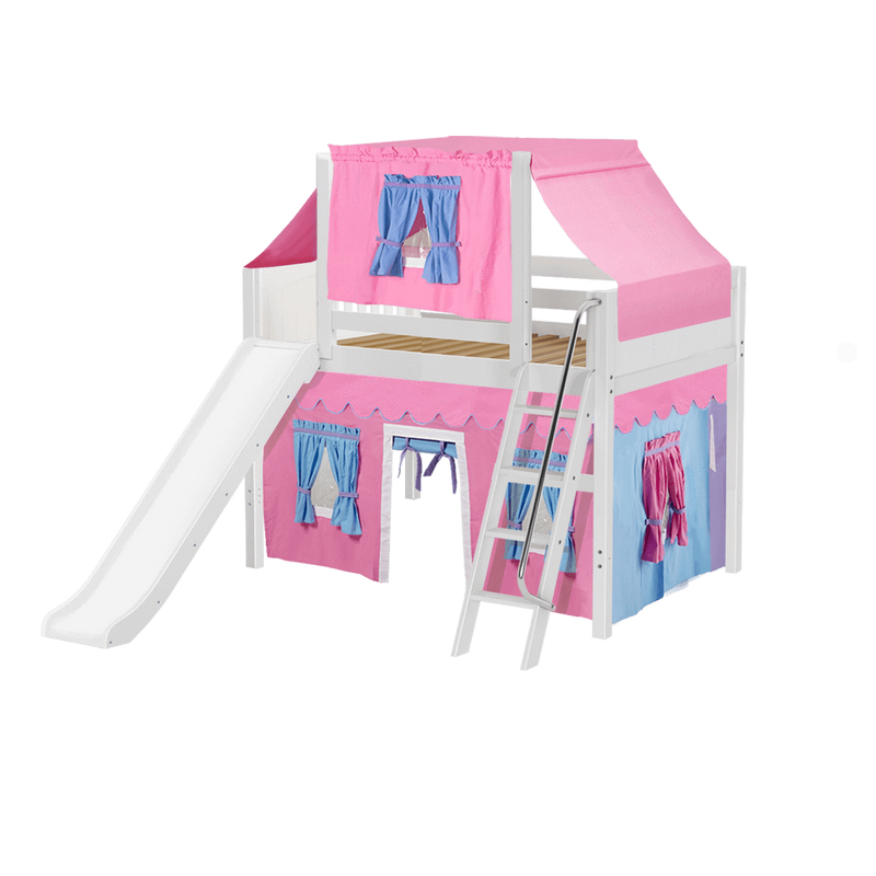 Maxtrix Full Mid Loft Bed with Angled Ladder, Curtain, Top Tent + Slide