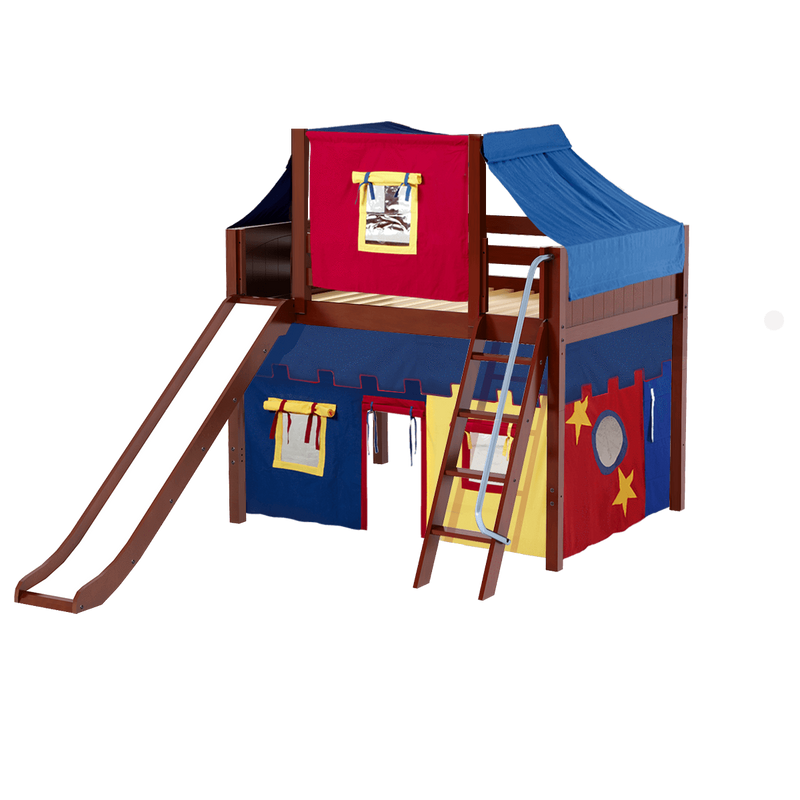 Maxtrix Full Mid Loft Bed with Angled Ladder, Curtain, Top Tent + Slide