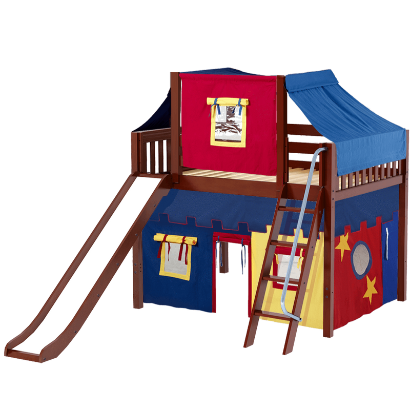 Maxtrix Full Mid Loft Bed with Angled Ladder, Curtain, Top Tent + Slide