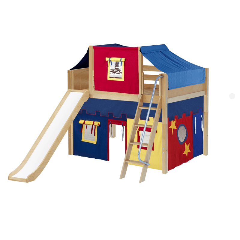 Maxtrix Full Mid Loft Bed with Angled Ladder, Curtain, Top Tent + Slide