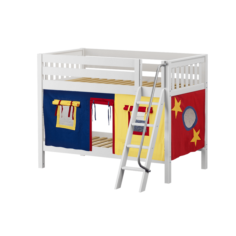 Maxtrix Twin Low Bunk Bed with Angled Ladder + Curtain