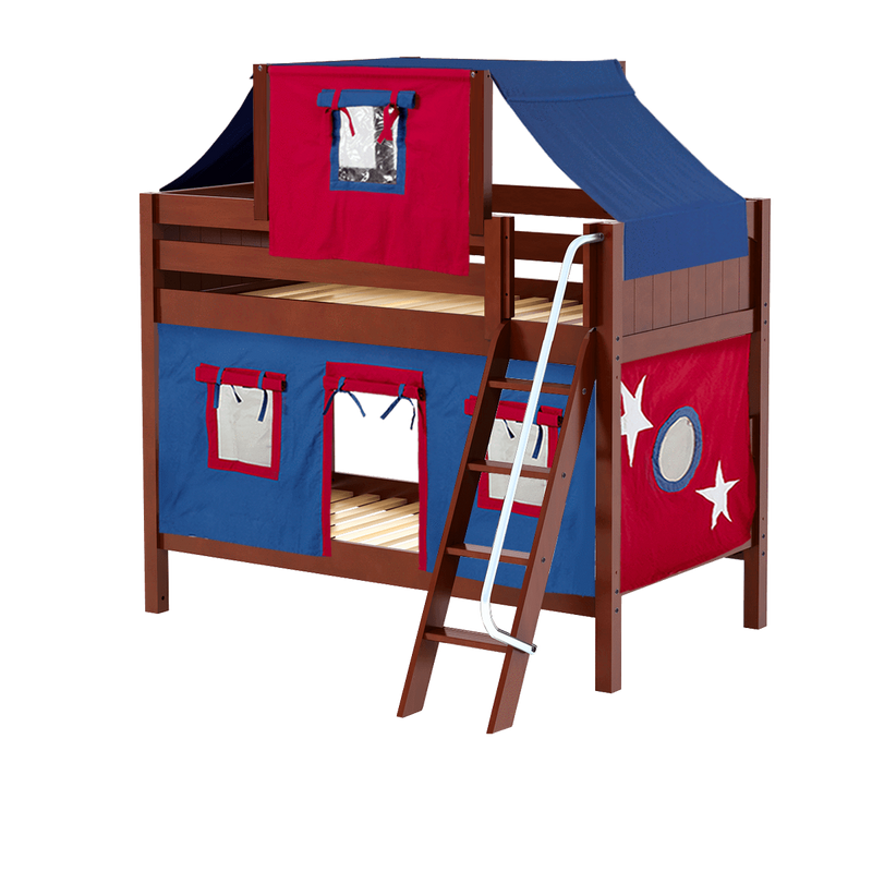 Maxtrix Twin Low Bunk Bed with Angled Ladder, Top Tent + Curtain