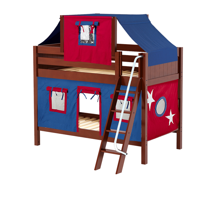 Maxtrix Twin Low Bunk Bed with Angled Ladder, Top Tent + Curtain