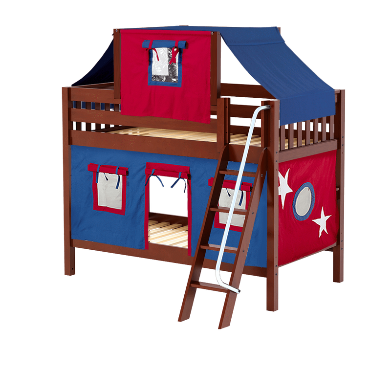 Maxtrix Twin Low Bunk Bed with Angled Ladder, Top Tent + Curtain