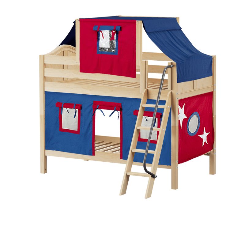 Maxtrix Twin Low Bunk Bed with Angled Ladder, Top Tent + Curtain