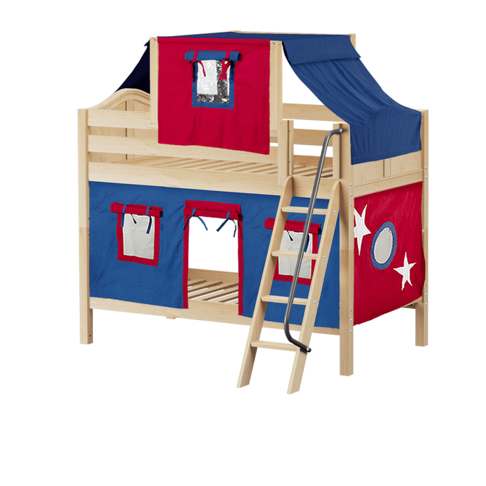 Maxtrix Twin Low Bunk Bed with Angled Ladder, Top Tent + Curtain