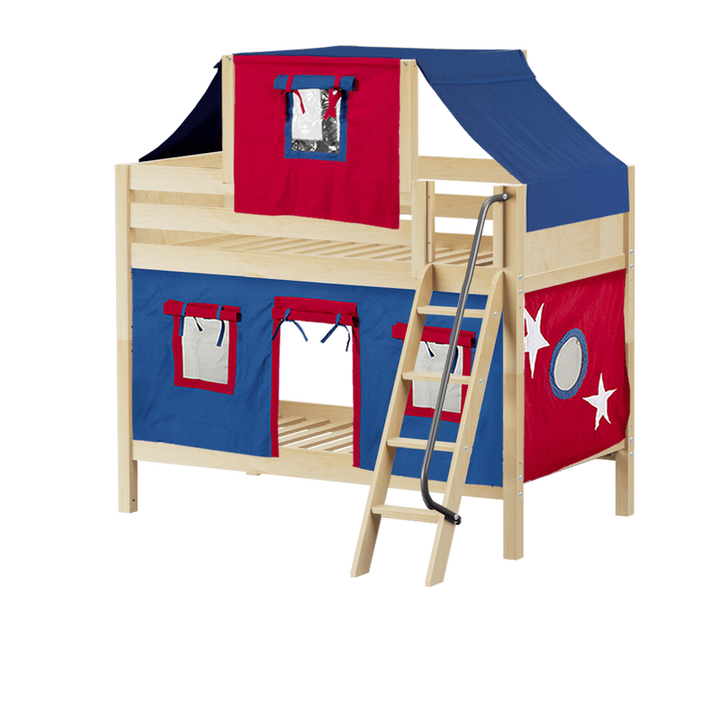 Maxtrix Twin Low Bunk Bed with Angled Ladder, Top Tent + Curtain