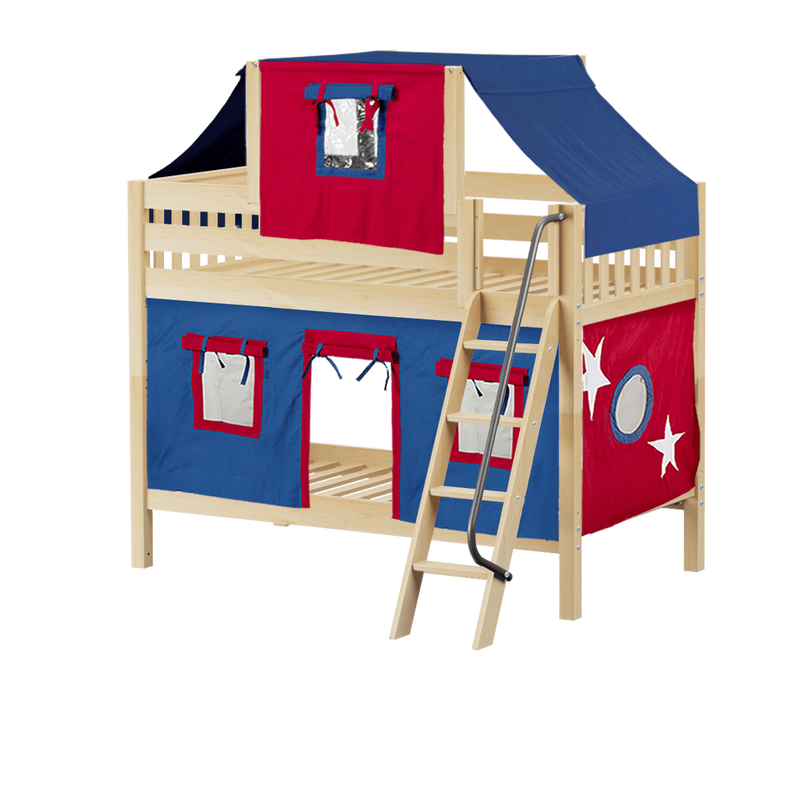 Maxtrix Twin Low Bunk Bed with Angled Ladder, Top Tent + Curtain