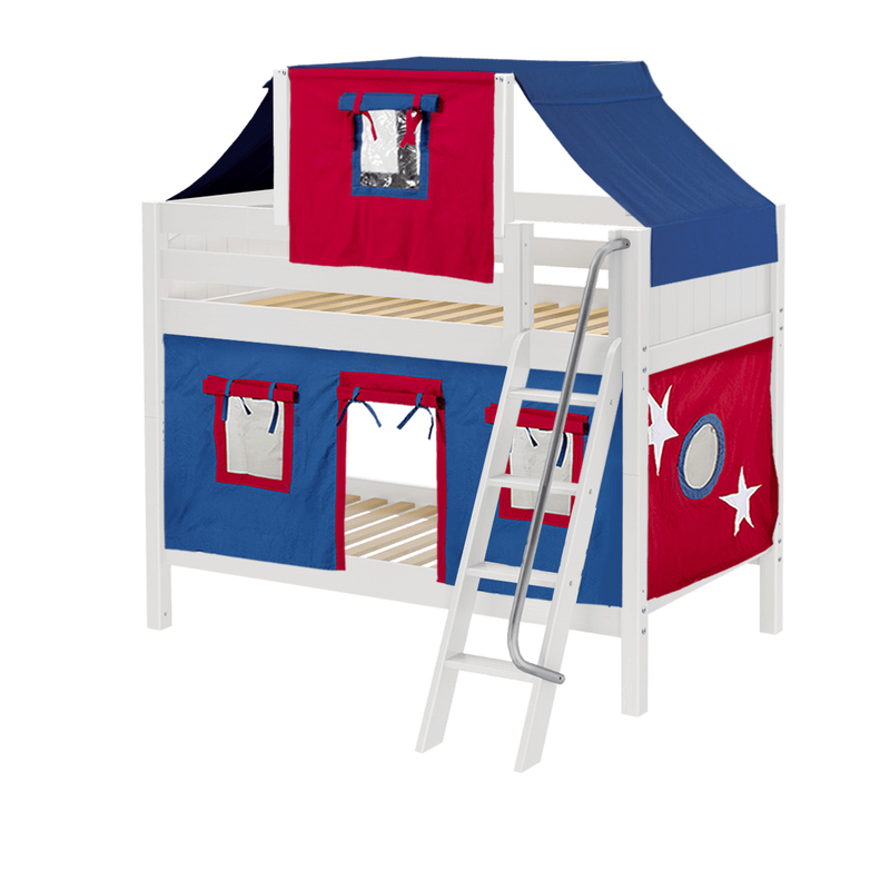 Maxtrix Twin Low Bunk Bed with Angled Ladder, Top Tent + Curtain