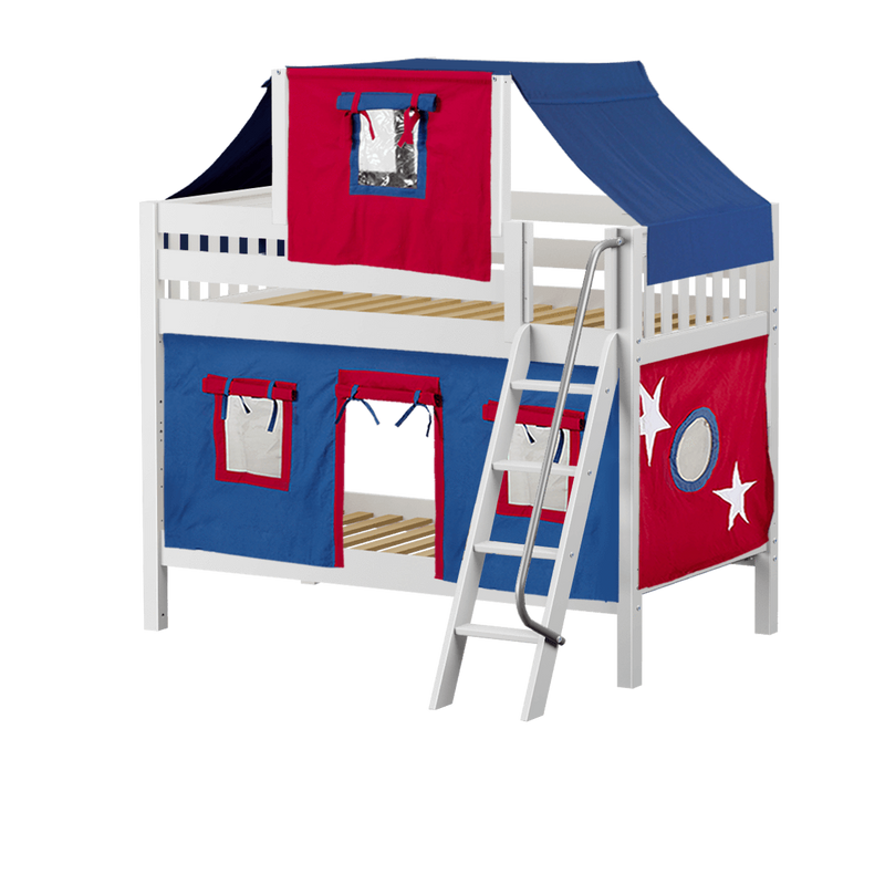 Maxtrix Twin Low Bunk Bed with Angled Ladder, Top Tent + Curtain