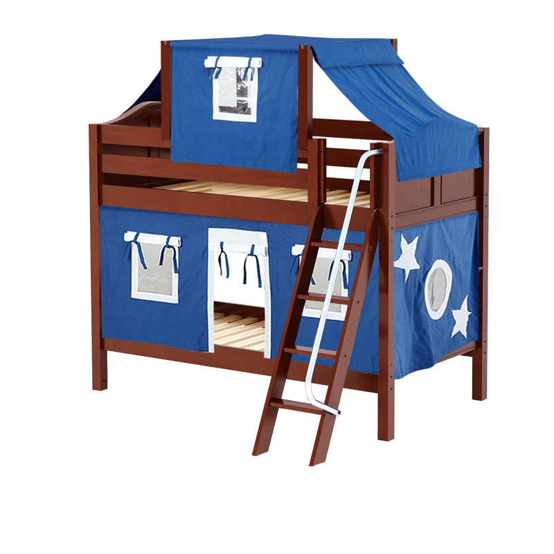 Maxtrix Twin Low Bunk Bed with Angled Ladder, Top Tent + Curtain
