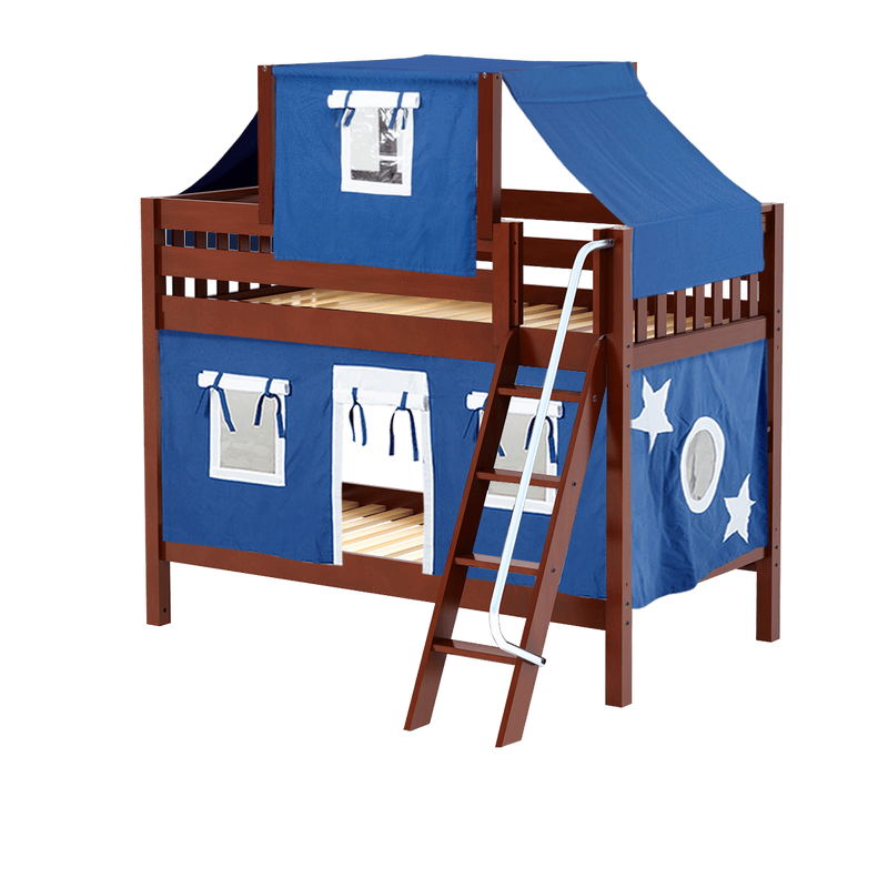 Maxtrix Twin Low Bunk Bed with Angled Ladder, Top Tent + Curtain