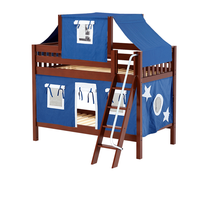Maxtrix Twin Low Bunk Bed with Angled Ladder, Top Tent + Curtain