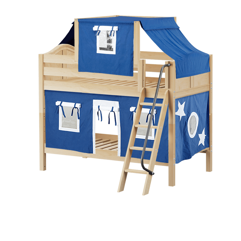 Maxtrix Twin Low Bunk Bed with Angled Ladder, Top Tent + Curtain