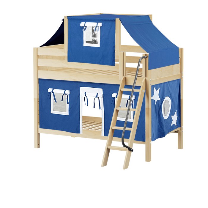 Maxtrix Twin Low Bunk Bed with Angled Ladder, Top Tent + Curtain