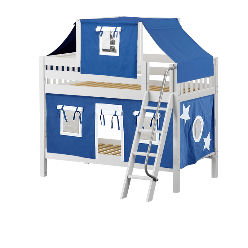 Maxtrix Twin Low Bunk Bed with Angled Ladder, Top Tent + Curtain