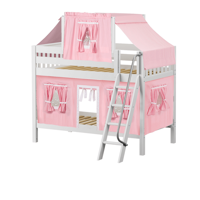 Maxtrix Twin Low Bunk Bed with Angled Ladder, Top Tent + Curtain