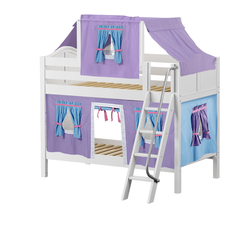Maxtrix Twin Low Bunk Bed with Angled Ladder, Top Tent + Curtain